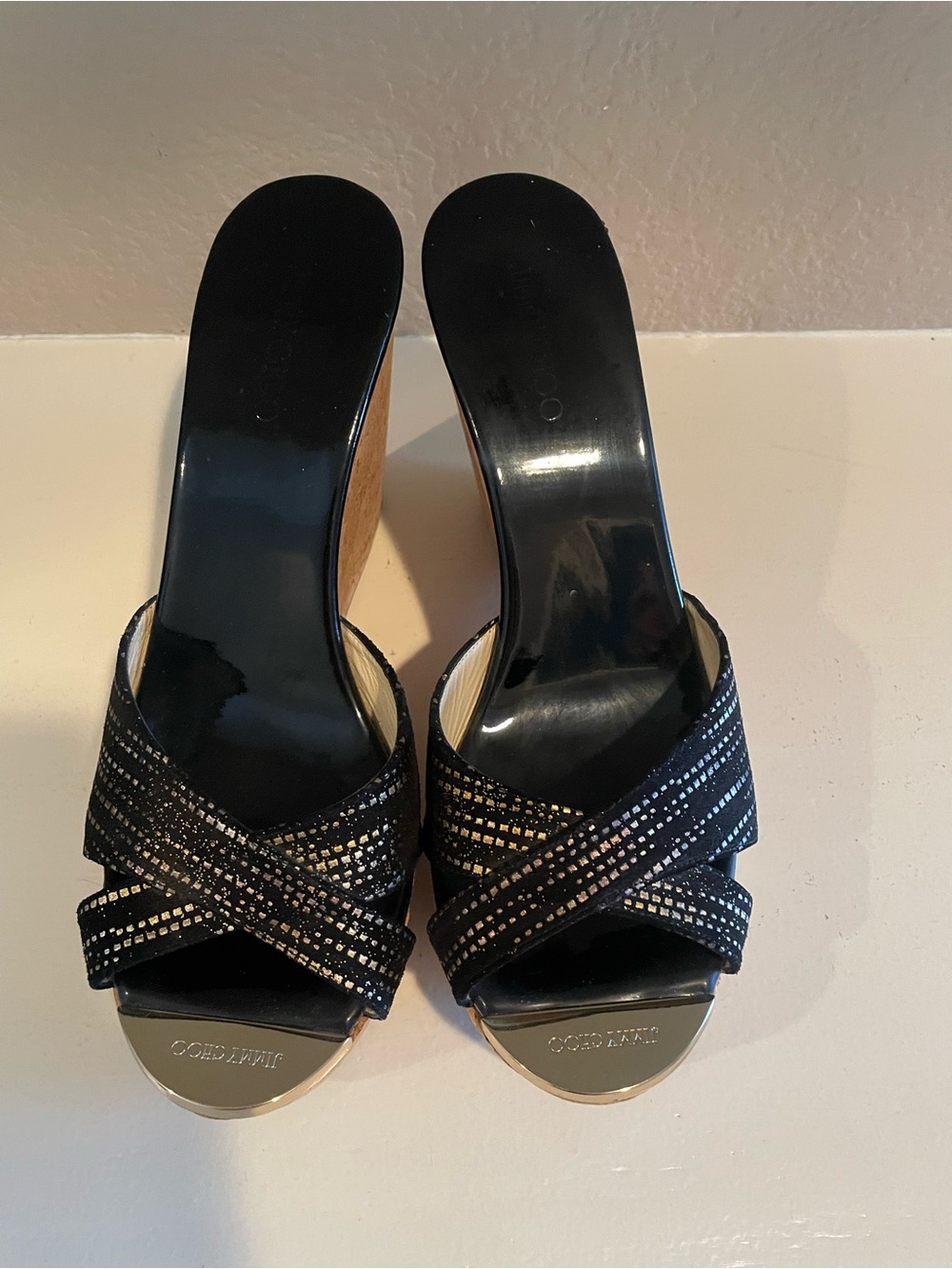 Jimmy Choo Black and Gold Cork Wedge Sandals Size 39